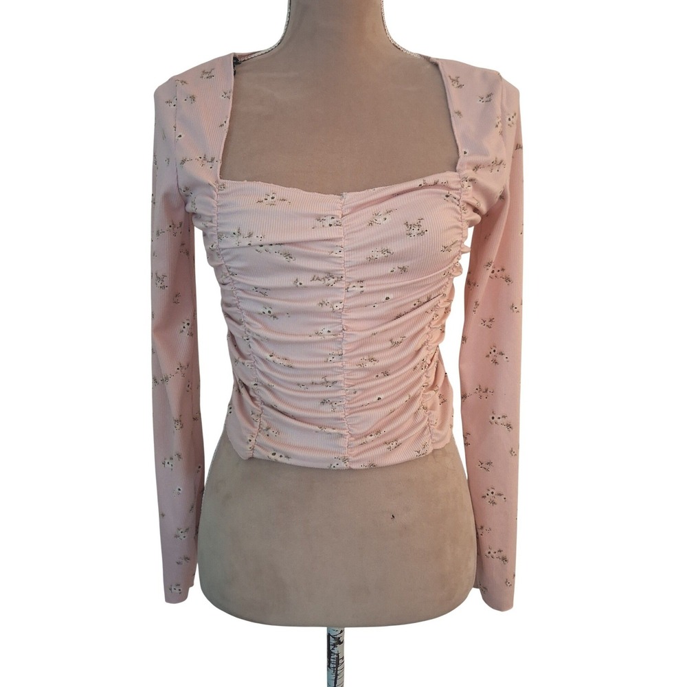 Forever 21 Pink Floral Ribbed Ruched Front Long Sleeve Crop Top Medium